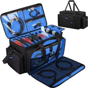 Large Dj Cable Bag with Detachable Dividers, Bottom Pad | Dj Bag for Equipment and Accessories with Laptop and Microphone Pocket, Dj Gig Bag for Musician, Professional, Travel, Blue