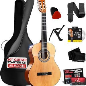 Pyle Beginner Acoustic Guitar Kit, 1/4 Junior Size All Wood Build Nylon Stringed Instrument with Capo, Strap, Extra String Set, Gig Bag, Guitars for Beginners Adults Youth, 30" (Natural Gloss)